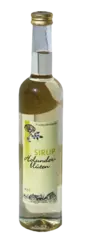 Flasche des Holunderblütensirpus, gefüllt mir Sirup und grünem Etikett