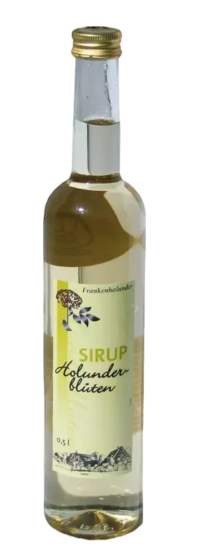 Holunderblütensirup Flasche des Holunderblütensirpus, gefüllt mir Sirup und grünem Etikett