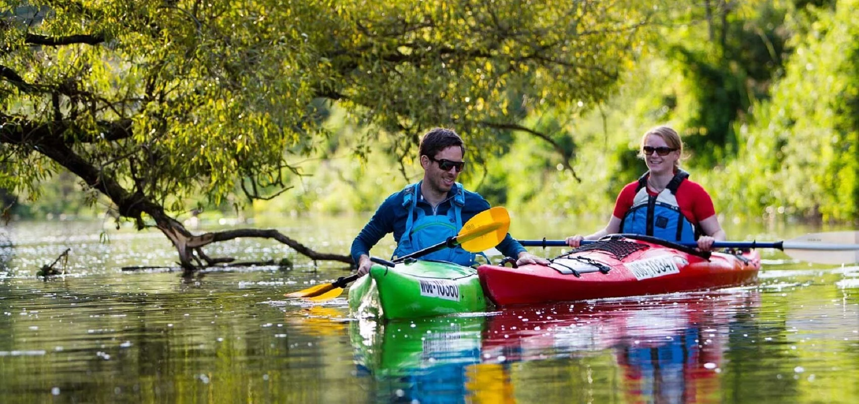 Eine Mann im grünen Kanu und eine Frau im roten paddeln auf der Altmühl flussabwärts. Das Ufer ist satt grün und ein Ast hängt in die Altmühl herein, direkt hinter den zwei Paddlern.