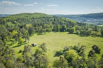 Luftaufnahme eines kleinen Hauses auf einer Wiese. Großer Weitblick mit viel Wald und Grün.