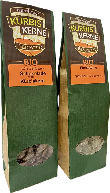 Altmühltaler Kürbiskern Bio Zwei Tüten Altmühltaler Kürbiskerne in den Geschmacksrichtungen Schokolade und gesalzen/geröstet