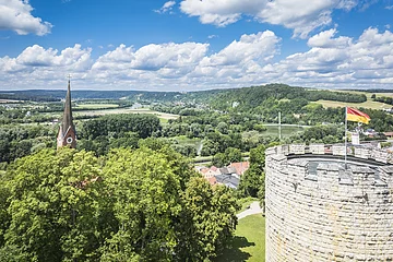 Luftbild vom Heinrichsturm mit dem grünen Donautal im Hintergrund. Der Himmel ist blau-weiß.