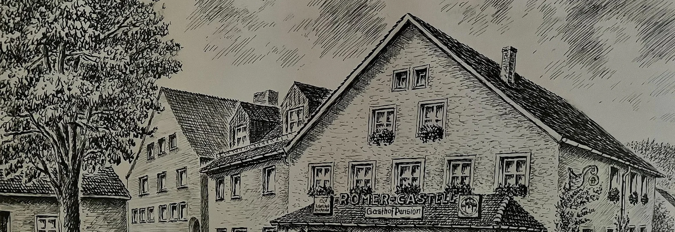 Außenansicht vom Römercastell Kipfenberg, mit Bleistift gezeichnet.