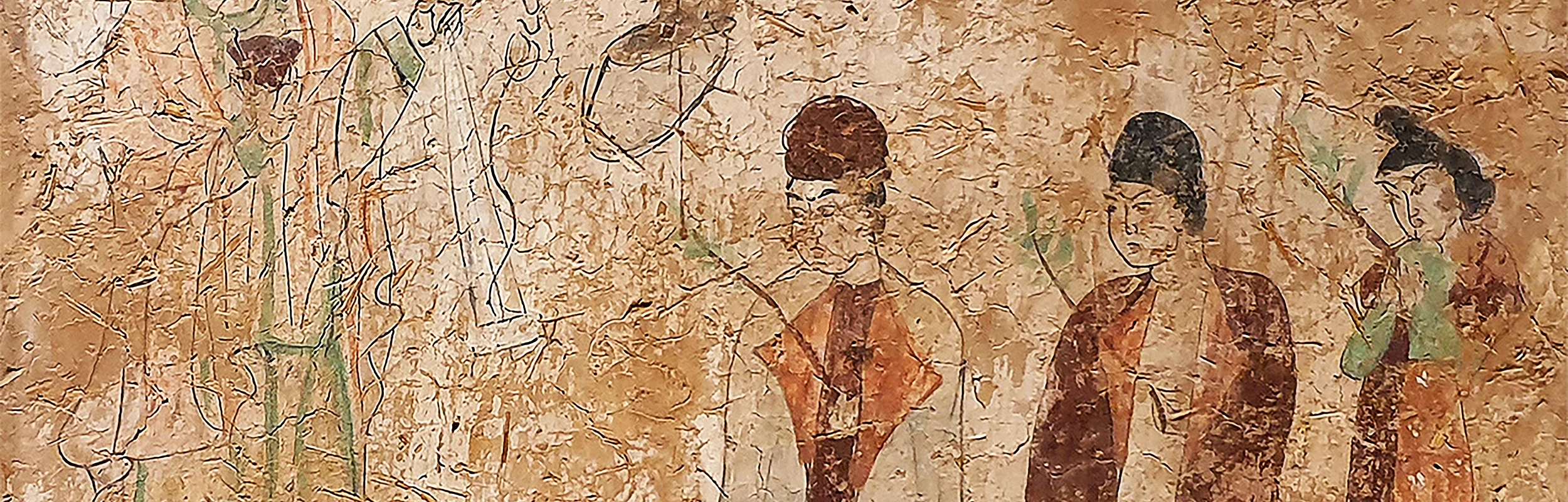 Feier des Palmsonntags auf einer Wandmalerei des 8. Jahrhunderts n. Chr. aus einer Kirche in Kocho (Gaochang) in der chinesischen Provinz Xinjiang, heute im Humboldt Forum Berlin.