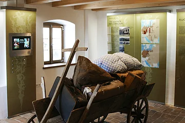 Ein Museumsausstellungsraum mit einer alten Holzkarren, beladen mit Gepäck und einem Holzkreuz. Im Hintergrund sind Informationstafeln.