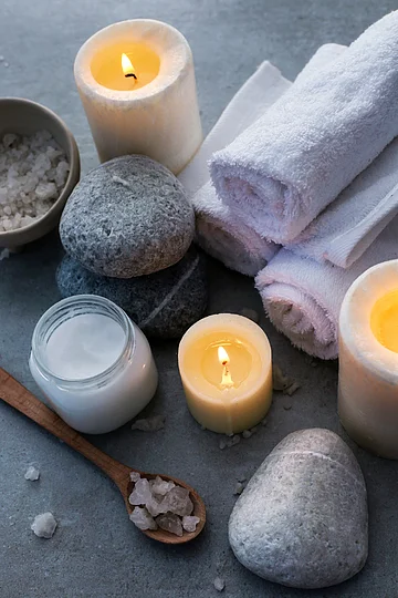 Kuscheltage im Landhotel Zur Jurahöhe Kerzen, Handtücher, Steine, ein Glas mit Creme, eine Schale mit Salz und ein Holzlöffel auf grauem Hintergrund.