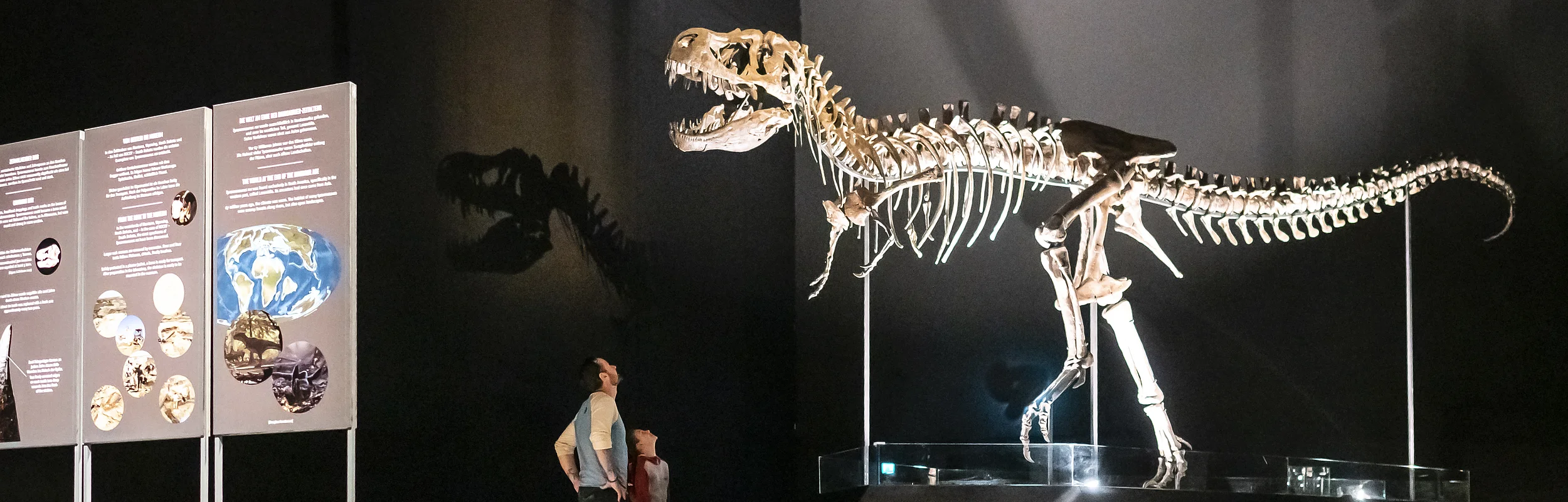 Dinosauriermuseum in Denkendorf Personen betrachten ein Dinosaurierskelett in einem Museum neben Informationstafeln.
