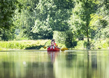 Familienbootstour auf der Altmühl Zwei Personen paddeln in einem roten Kanu auf einem Fluss, umgeben von grünen Bäumen.