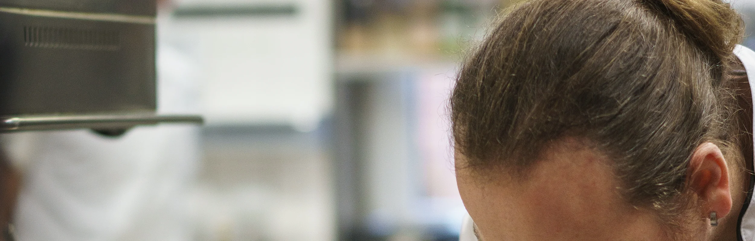 Ein Koch in einer Küche verfeinert ein Fischgericht auf einem Teller mit einer Soße.