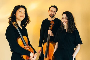 Die drei Musiker des Avin Trio mit Instrumenten in lachender Haltung
