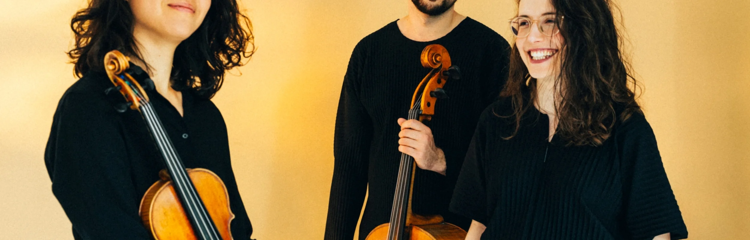Die drei Musiker des Avin Trio mit Instrumenten in lachender Haltung