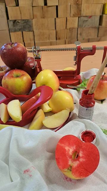 Rote und gelbe Äpfel, Apfelschneider, rote Farbe und ein halbierter Apfel mit roter Farbe auf weißem Tuch.