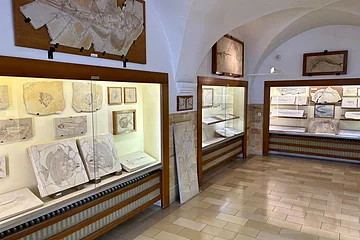 Der Ausstellungsraum des Msueums mit Vitrinen an den Wänden, in denen die Fossilien des Jura-Meeres ausgestellt sind.