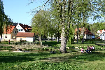 Grüne Parkwiese mit Bäumen, Bach, Fahrrad und Menschen auf Bank vor Häusern unter blauem Himmel.