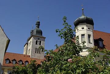 Kirchturm mit Zwiebelkuppel und Gebäude mit rotem Dach vor blauem Himmel und grünen Büschen im Vordergrund.
