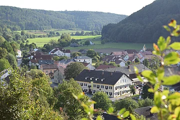 Blick auf ein Dorf mit Häusern, Bäumen und Feldern, umgeben von bewaldeten Hügeln an einem sonnigen Tag.