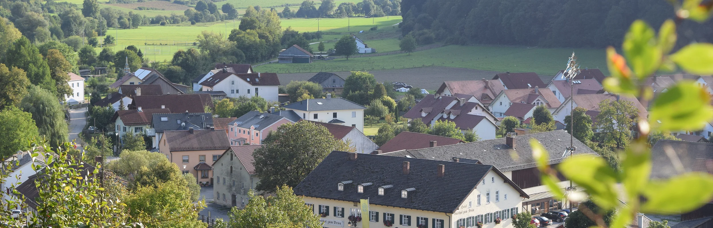 Blick auf ein Dorf mit Häusern, Bäumen und Feldern, umgeben von bewaldeten Hügeln an einem sonnigen Tag.