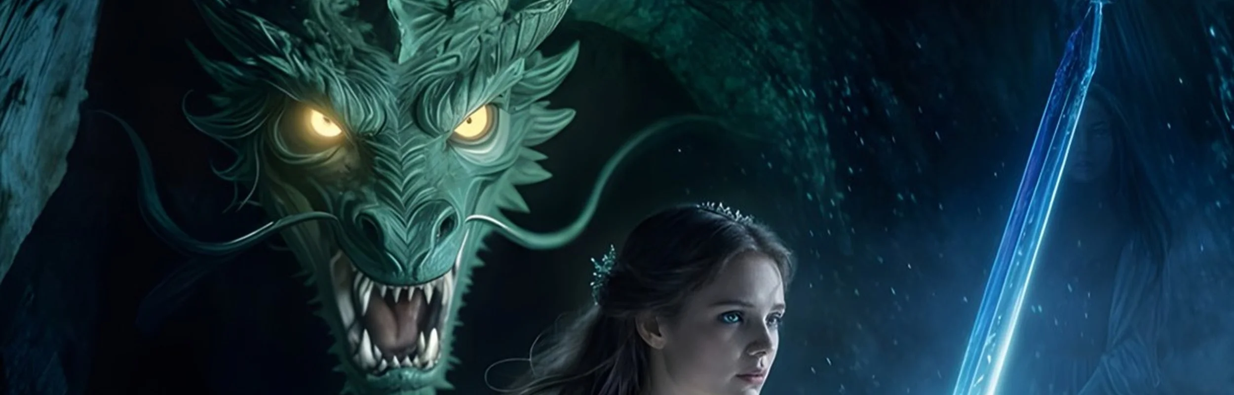 Auf diesem Bild sieht man die Schauspielerin mit einem Schwert in der Hand und mit einem Drachen im Hintergrund.