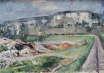 Gemälde einer Landschaft mit Hügeln, Wiesen und einem Weg rechts, im weißen Rahmen.