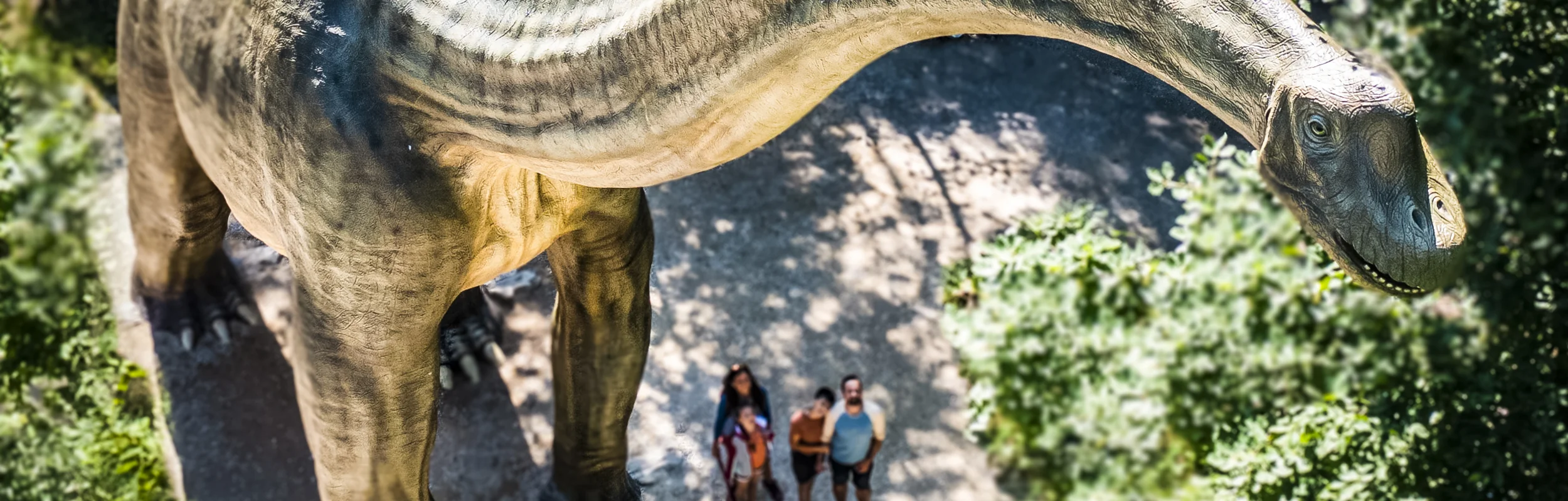 Große Dinosaurierstatue im Wald, Menschen stehen darunter und schauen nach oben.